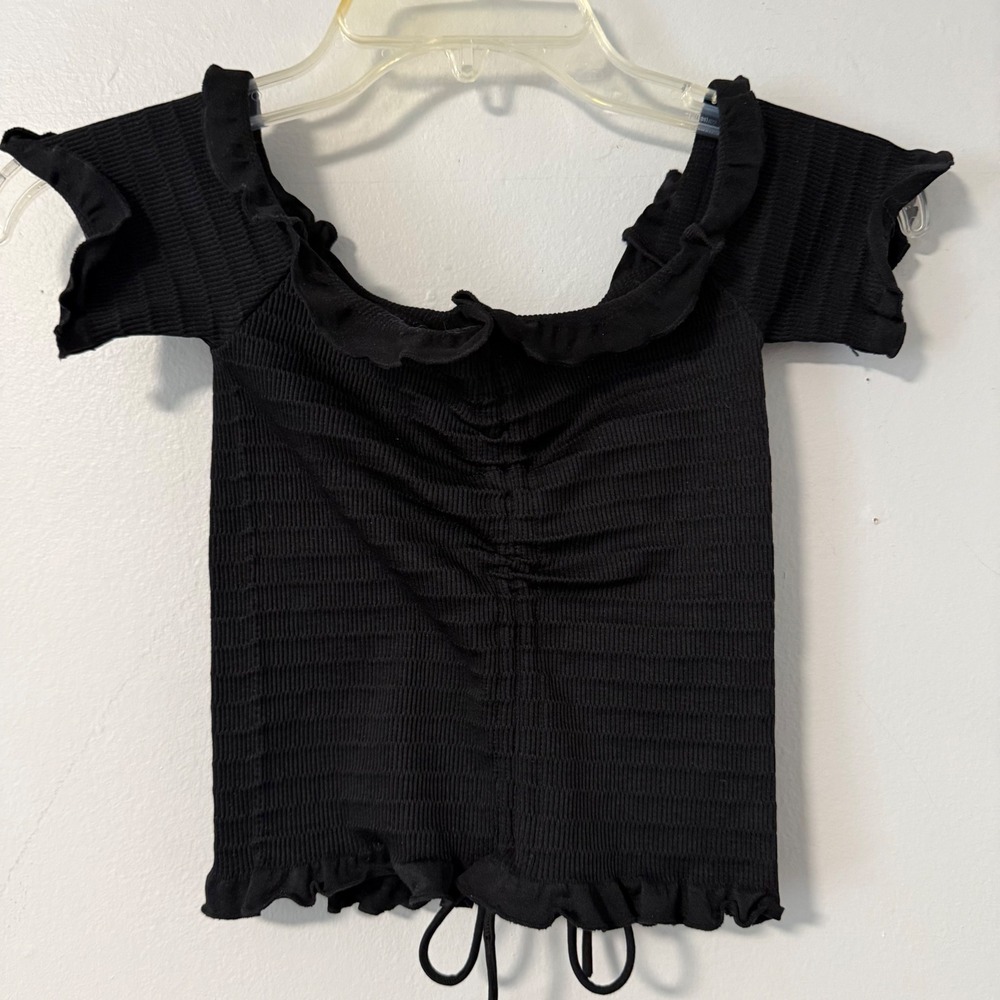 Malibu Sugar Kids Black Ruched Off The Shoulder Smocked Ruffle Top One Size 7-10